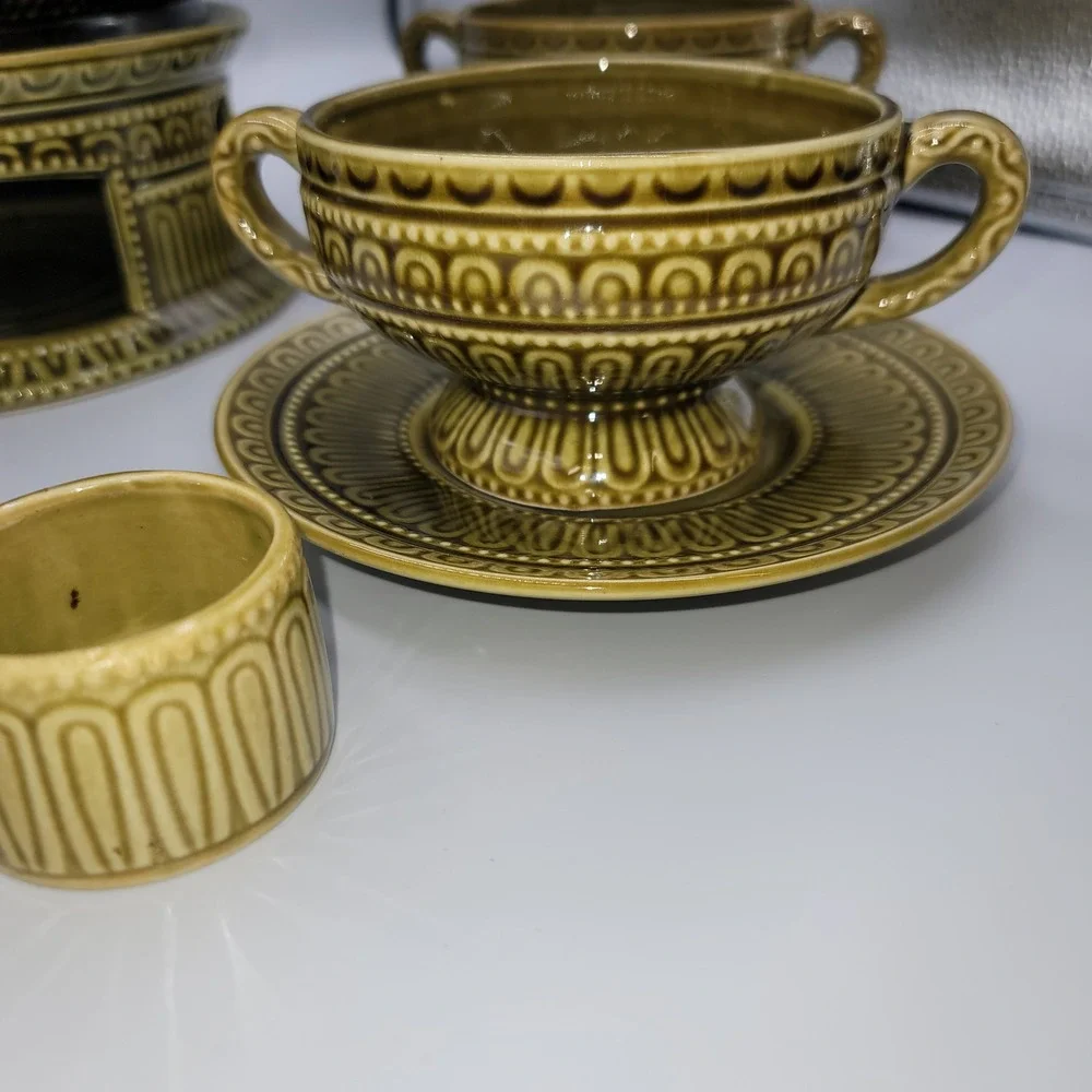 Vintage Olive Green Ceramic Soup Tureen Set with Warmer 4 Bowls and Saucers MCM